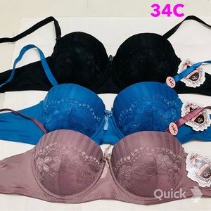 34C - NWT 3 pcs Stripe / Floral Lace Light Padded Bras